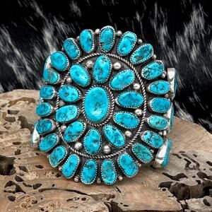 RICHARD HOSKIE Navajo Sterling Silver & Kingman Turquoise Cluster Cuff Bracelet